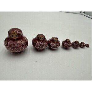 Miniature Matryoshka Russian Nesting 7 DOLLS Red Signed Hand Painted 0.25”- 2”H